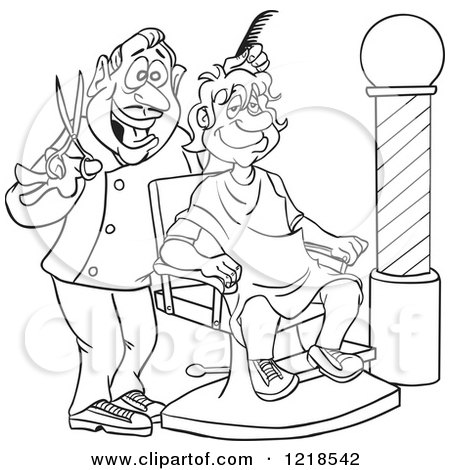 Clipart of an Outlined Happy Barber Cutting a Mans Hair - Royalty Free Vector Illustration by LaffToon