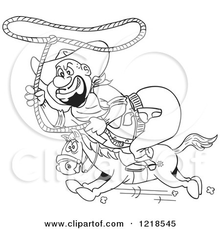 Clipart of an Outlined Fat Horseback Cowboy Swinging a Lasso - Royalty Free Vector Illustration by LaffToon
