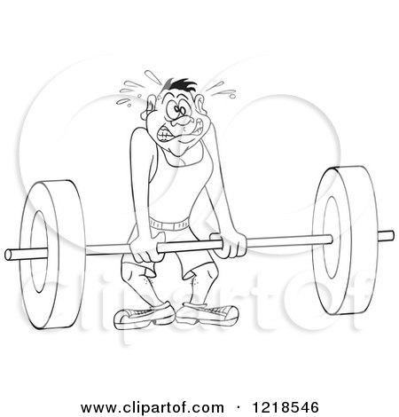 Clipart of an Outlined Man Trying to Lift a Heavy Barbell - Royalty Free Vector Illustration by LaffToon