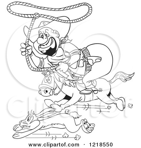 Clipart of an Outlined Fat Horseback Cowboy Chasing a Rabbit with a Lasso - Royalty Free Vector Illustration by LaffToon