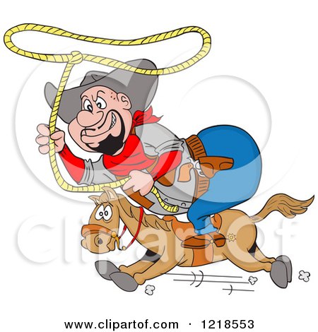 Clipart of a Fat Horseback Cowboy Swinging a Lasso - Royalty Free Vector Illustration by LaffToon