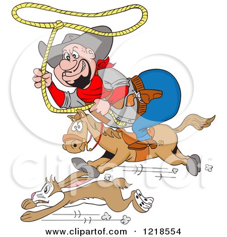 Clipart of a Horseback Fat Cowboy Chasing a Rabbit with a Lasso - Royalty Free Vector Illustration by LaffToon
