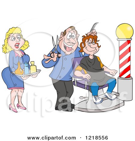 Clipart of a Female Assistant and Barber Cutting a Mans Hair - Royalty Free Vector Illustration by LaffToon