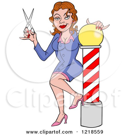 Clipart of a Female Barbers Assistant or Hairstylist Holding Scissors by a Pole - Royalty Free Vector Illustration by LaffToon