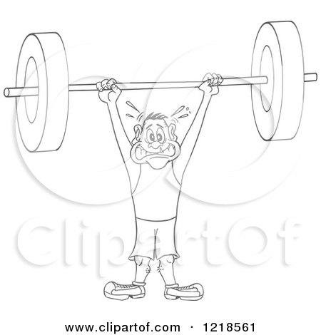 Clipart of an Outlined Man Struggling to Hold a Heavy Barbell Above His Head - Royalty Free Vector Illustration by LaffToon