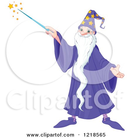 Clipart of a Happy Wizard with a Long Beard, Using a Magic Wand - Royalty Free Vector Illustration by Pushkin