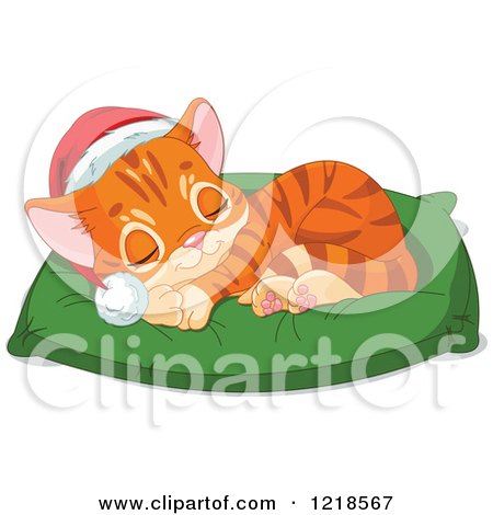 Clipart of a Cute Christmas Ginger Kitten Sleeping on a Pillow - Royalty Free Vector Illustration by Pushkin