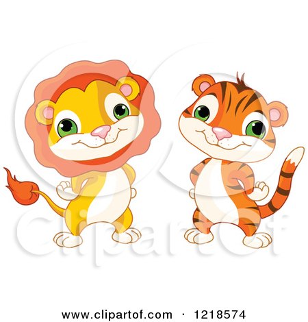 Clipart of a Cute Baby Lion and Tiger with Their Hands on Their Hips - Royalty Free Vector Illustration by Pushkin