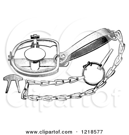 Clipart of a Black and White Steel Animal Trap for Muskrats Minks Skunks and Raccoons - Royalty Free Vector Illustration by Picsburg
