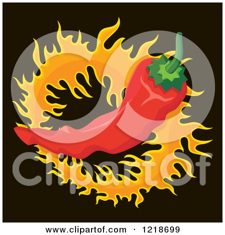 Clipart of a Spicy Red Chili Pepper over a Cirle of Flames on Black - Royalty Free Vector Illustration by Any Vector