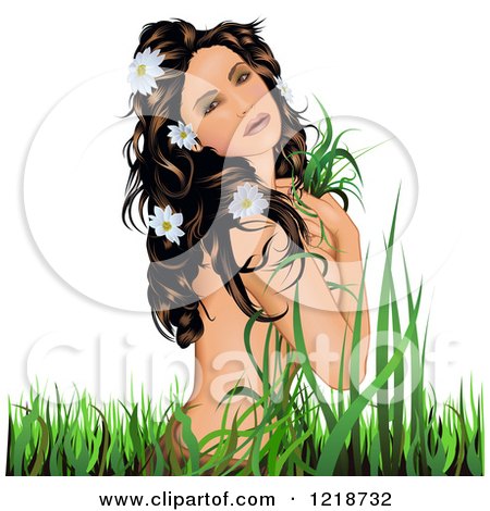 Clipart of a Natural Beauty Brunette Woman Sitting Nude in Grass - Royalty Free Vector Illustration by dero
