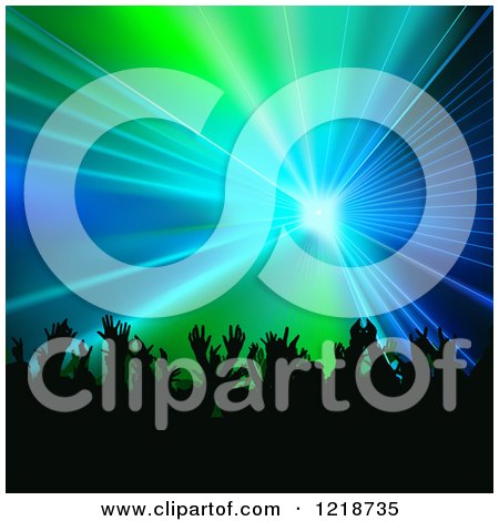 Clipart of a Silhouetted Crowd Dancing Under Rays - Royalty Free Vector Illustration by dero