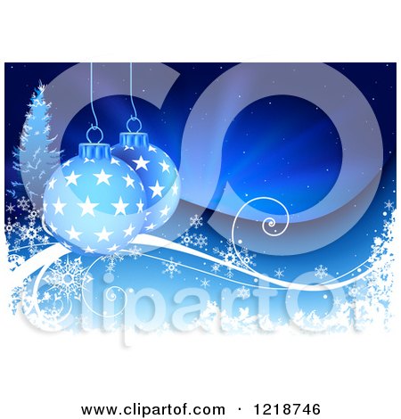 Clipart of a Blue Christmas Background with Snow Trees and Baubles - Royalty Free Vector Illustration by dero