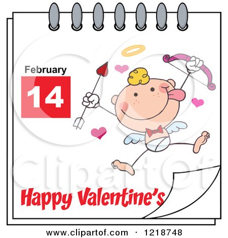 Clipart of a Calendar Page with a Silly Cupid and a Happy Valentines Day Greeting - Royalty Free Vector Illustration by Hit Toon