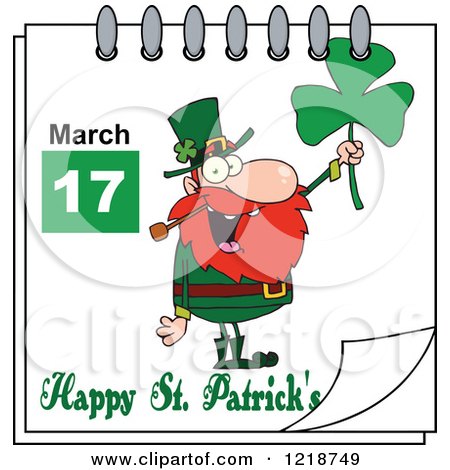 Clipart of a Calendar Page with a Leprechaun and Happy St Patricks Day Greeting - Royalty Free Vector Illustration by Hit Toon