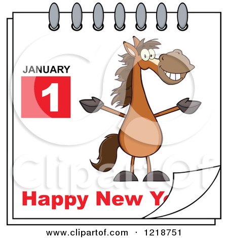 Clipart of a Calendar Page with a Horse and Happy New Year Greeting - Royalty Free Vector Illustration by Hit Toon