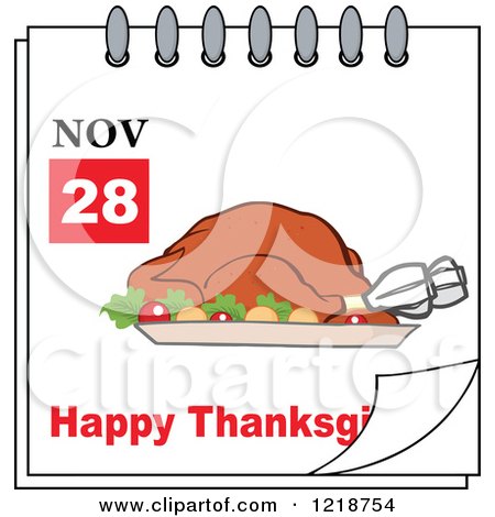 Clipart of a Calendar Page with a Roasted Turkey and Happy Thanksgiving Greeting - Royalty Free Vector Illustration by Hit Toon
