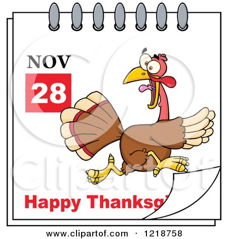 Clipart of a Calendar Page with a Running Turkey Bird and Happy Thanksgiving Greeting - Royalty Free Vector Illustration by Hit Toon