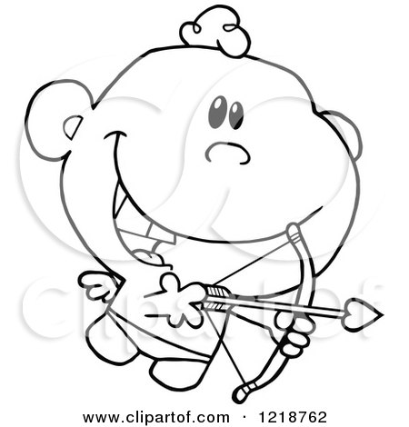 Clipart of an Outlined Cute Happy Cupid Holding a Bow and Arrow - Royalty Free Vector Illustration by Hit Toon