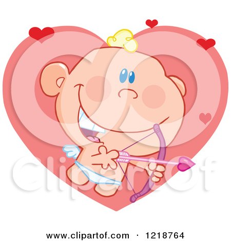 Clipart of a Cute Happy Cupid Holding a Pink Bow and Arrow with Hearts - Royalty Free Vector Illustration by Hit Toon