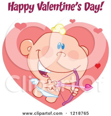 Clipart of Happy Valentines Day Text over a Cute Cupid Wiah an Arrow and Hearts - Royalty Free Vector Illustration by Hit Toon