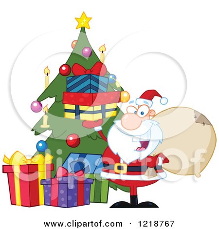 Clipart of Santa Happily Holding up Gifts by a Christmas Tree - Royalty Free Vector Illustration by Hit Toon