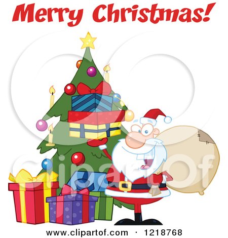 Clipart of Merry Christmas Text over Santa Holding up Gifts by a Christmas Tree - Royalty Free Vector Illustration by Hit Toon