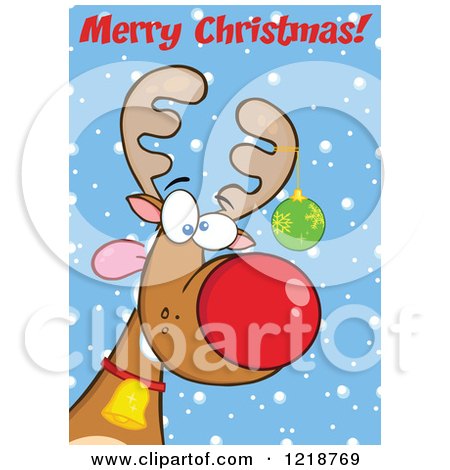 Clipart of Merry Christmas Text over a Goofy Christmas Red Nosed Rudolph Reindeer - Royalty Free Vector Illustration by Hit Toon