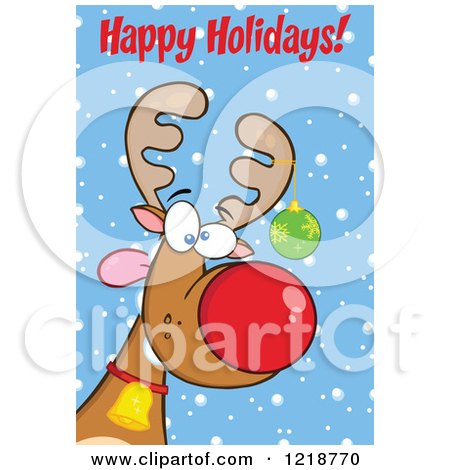 Clipart of Happy Holidays Text over a Goofy Christmas Red Nosed Rudolph Reindeer - Royalty Free Vector Illustration by Hit Toon