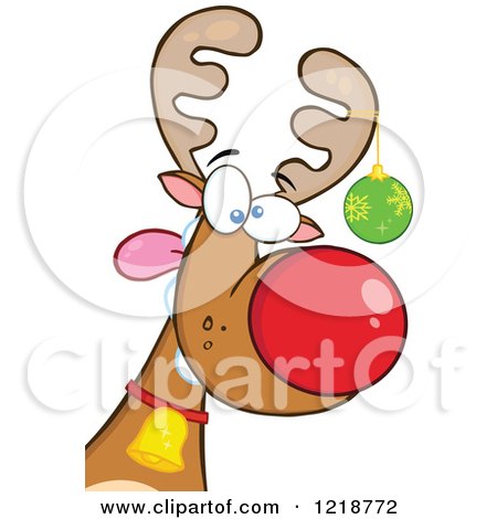 Clipart of a Goofy Christmas Red Nosed Rudolph Reindeer with a Bauble on His Antler - Royalty Free Vector Illustration by Hit Toon