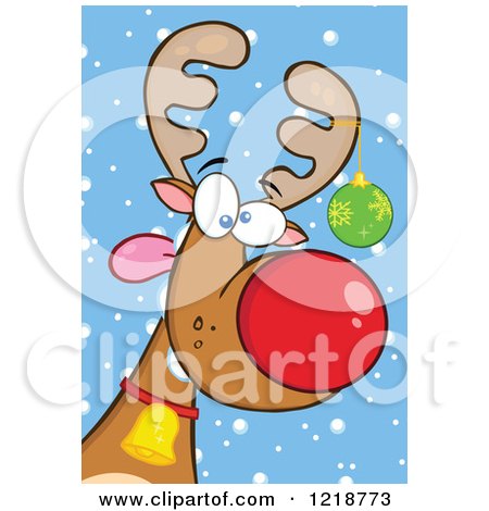 Clipart of a Goofy Christmas Red Nosed Rudolph Reindeer with a Bauble on His Antler and Snow - Royalty Free Vector Illustration by Hit Toon