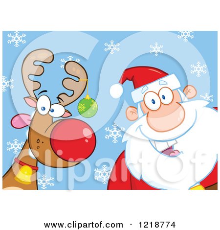 Clipart of Santa Claus and a Goofy Reindeer over Blue with Snowflakes - Royalty Free Vector Illustration by Hit Toon