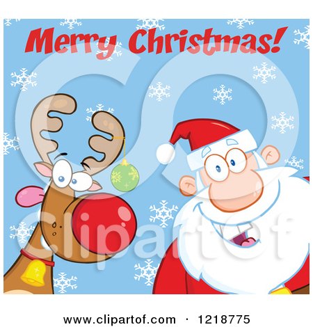 Clipart of Merry Christmas Text over Santa Claus and a Goofy Reindeer over Blue with Snowflakes - Royalty Free Vector Illustration by Hit Toon