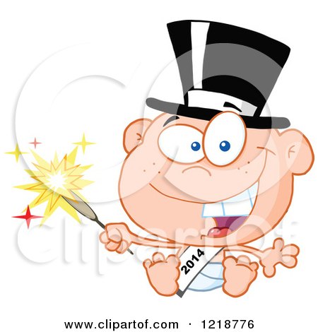 Clipart of a Happy New Year Baby Wearing a Sash and Holding a Sparkler - Royalty Free Vector Illustration by Hit Toon