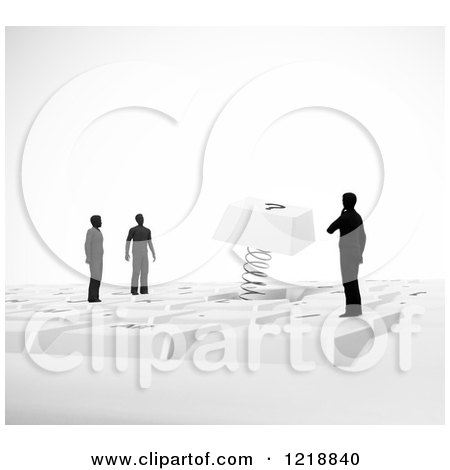 Clipart of a 3d Qustion Mark Computer Button Popping out Around Tiny People - Royalty Free Illustration by Mopic