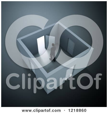 Clipart of a 3d Person in a Small Room with Four Doors to Choose from - Royalty Free Illustration by Mopic