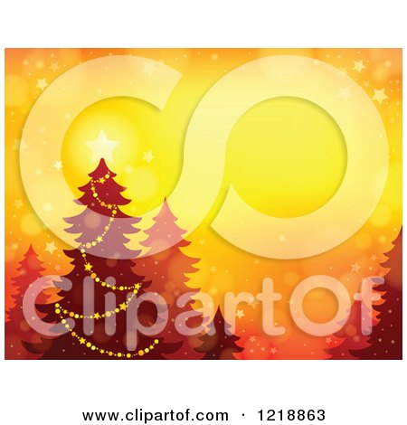 Clipart of a Background with a Christmas Tree Flares on Orange - Royalty Free Vector Illustration by visekart