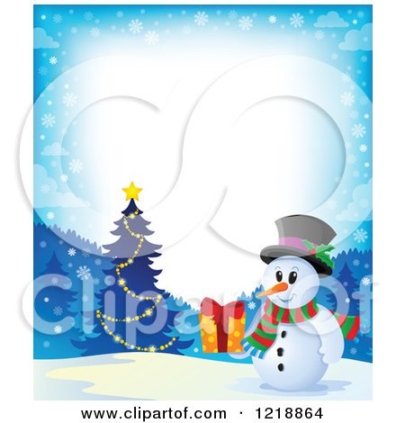 Clipart of a Snowman Holding a Gift by a Christmas Tree with Text Space - Royalty Free Vector Illustration by visekart
