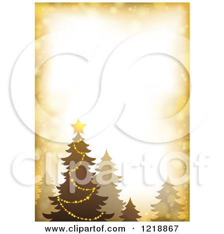 Clipart of a Golden Border with a Christmas Tree and Flares - Royalty Free Vector Illustration by visekart