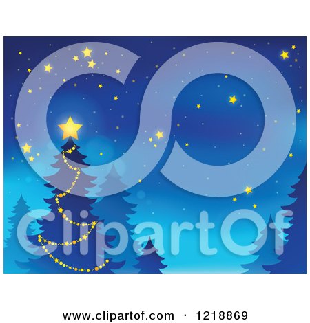 Clipart of a Night Background with a Christmas Tree and Stars - Royalty Free Vector Illustration by visekart