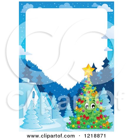 Clipart of a Happy Christmas Tree Character in a Winter Village with Text Space - Royalty Free Vector Illustration by visekart