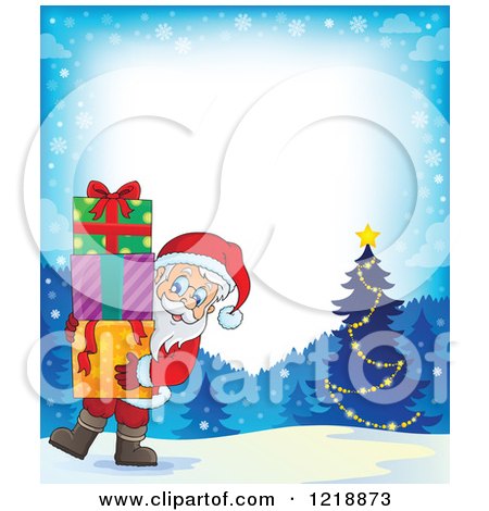 Clipart of a Border with Santa Carrying Gifts in the Snow - Royalty Free Vector Illustration by visekart