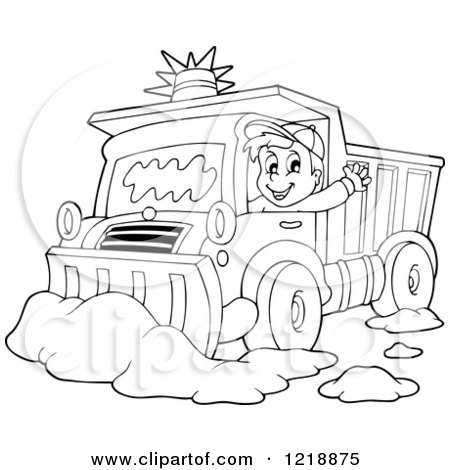 Clipart of an Outlined Happy Snow Plough Driver Waving - Royalty Free Vector Illustration by visekart