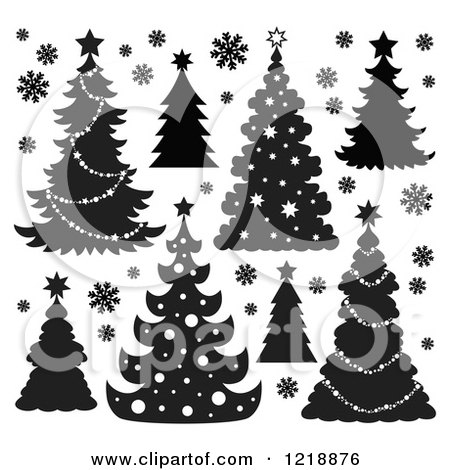 Clipart of Black and White Christmas Trees and Snowflakes - Royalty Free Vector Illustration by visekart