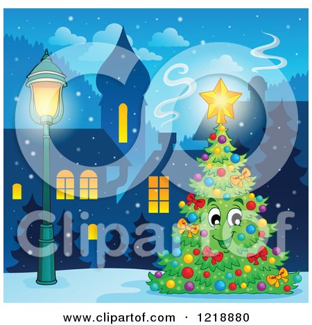 Clipart of a Happy Christmas Tree Character in a Winter Village - Royalty Free Vector Illustration by visekart