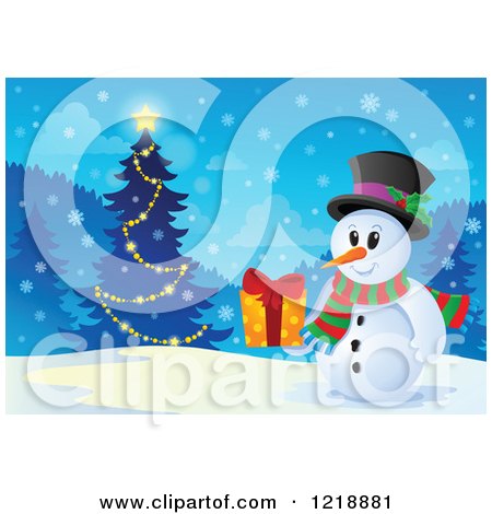 Clipart of a Snowman Holding a Gift by a Christmas Tree in the Forest - Royalty Free Vector Illustration by visekart