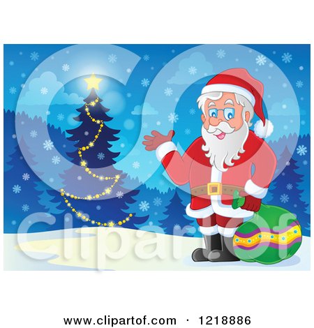 Clipart of Santa Waving with a Sack by a Forest Christmas Tree - Royalty Free Vector Illustration by visekart