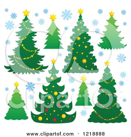 Clipart of Green Christmas Trees and Blue Snowflakes - Royalty Free Vector Illustration by visekart