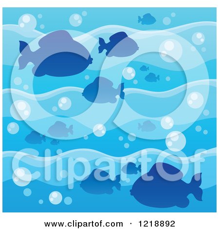 Clipart of a Background of Silhouetted Fish and Bubbles in Blue Water - Royalty Free Vector Illustration by visekart