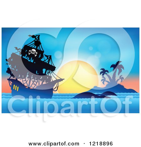 Clipart of a Pirate Ship Against a Tropical Sunset - Royalty Free Vector Illustration by visekart